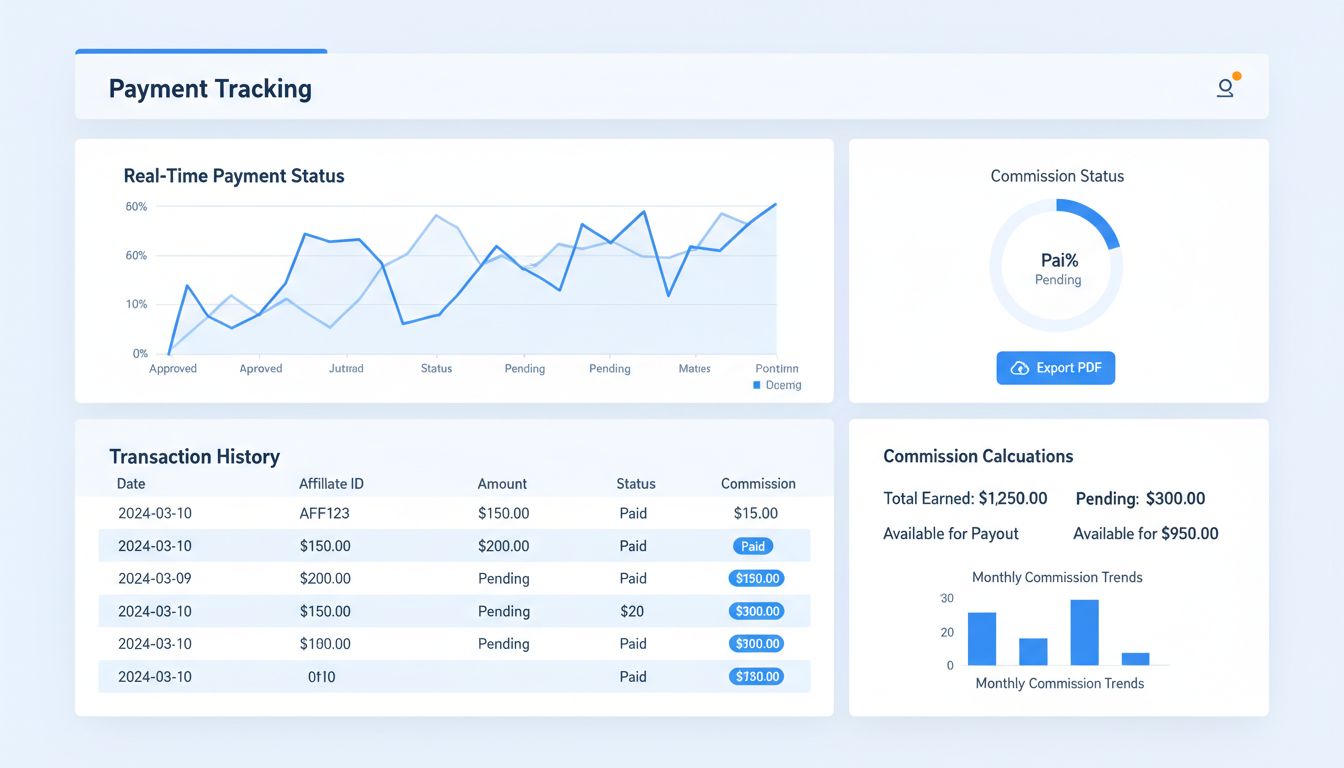 Affiliate software betalingstracking dashboard toont realtime betalingsstatus, transactiegeschiedenis en PDF-exportfunctionaliteit