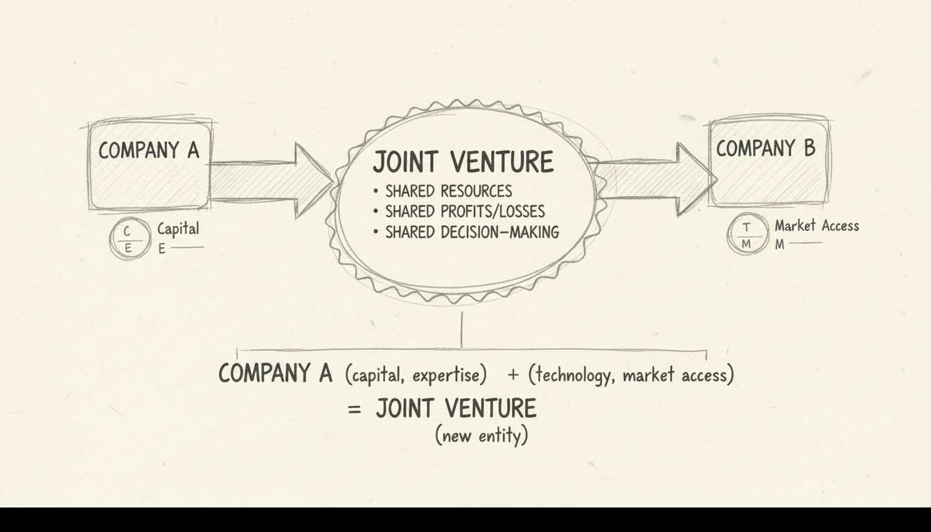 Handgetekend diagram dat laat zien hoe joint ventures werken met twee bedrijven die middelen bijdragen aan een centrale joint venture-entiteit