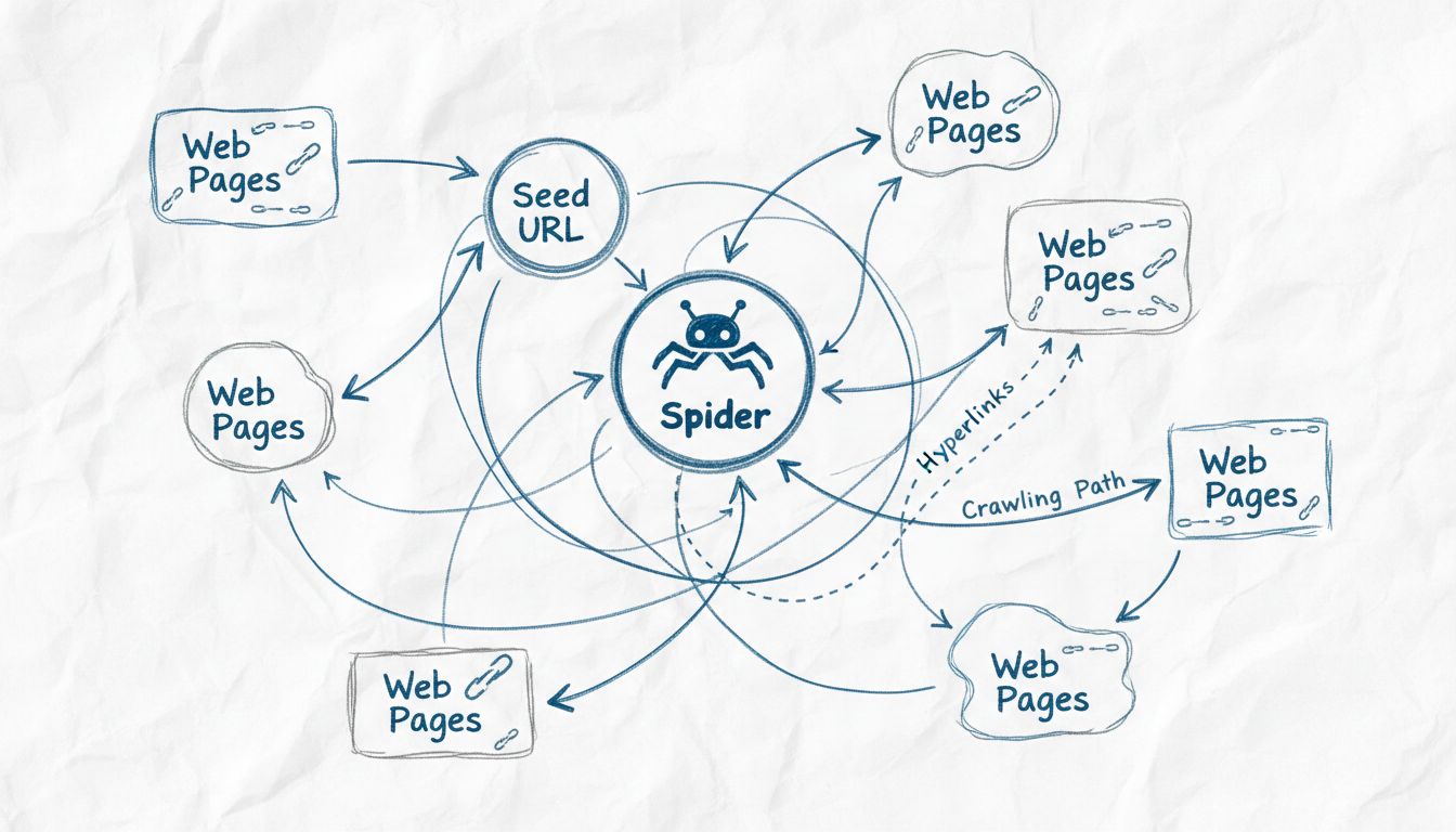 Technisch diagram dat laat zien hoe webspiders door onderling verbonden webpagina's crawlen via hyperlinks vanaf de seed URL