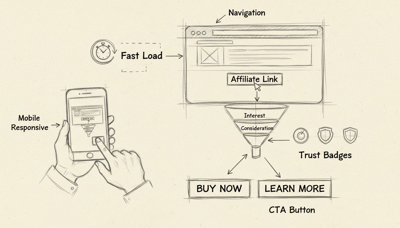 UX-designelementen voor affiliate marketing, zoals navigatie, mobiele responsiviteit, snelle laadtijd, vertrouwensbadges en conversie-optimalisatie
