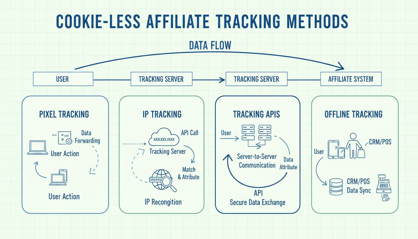 Cookie-less tracking methods infographic showing pixel tracking, IP tracking, APIs, and offline tracking