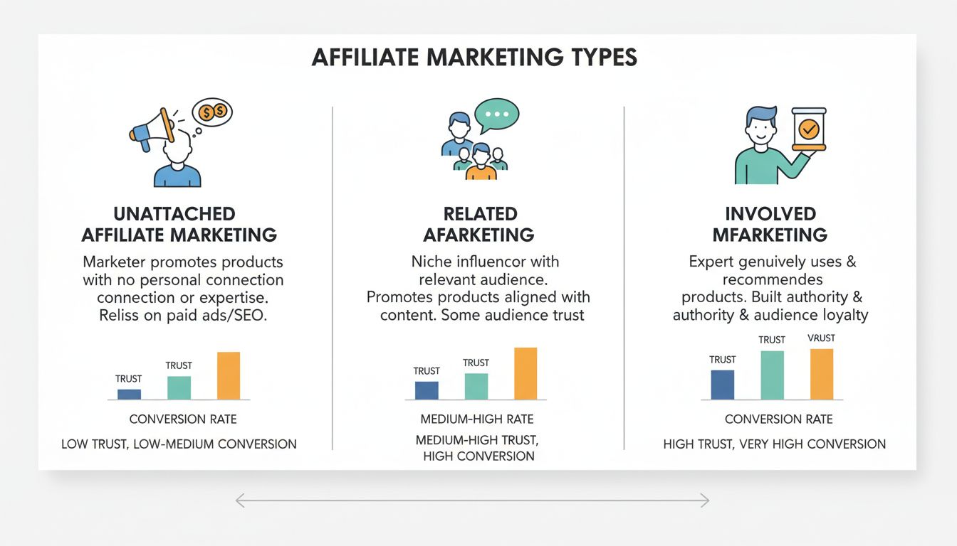 Vergelijkingsdiagram van drie typen affiliate marketing: onafhankelijk, gerelateerd en betrokken, met weergave van vertrouwensniveaus en conversieratio's