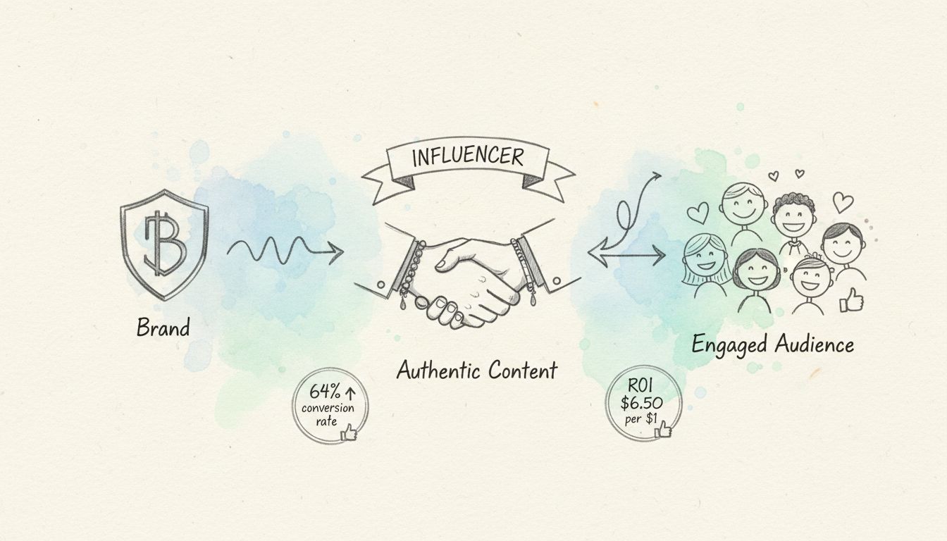 Handgetekend potlooddiagram dat het workflowproces van influencer-samenwerkingen toont met merk, influencer, authentieke content en een betrokken publiek verbonden via een handdruk en pijlen, inclusief ROI-metrics