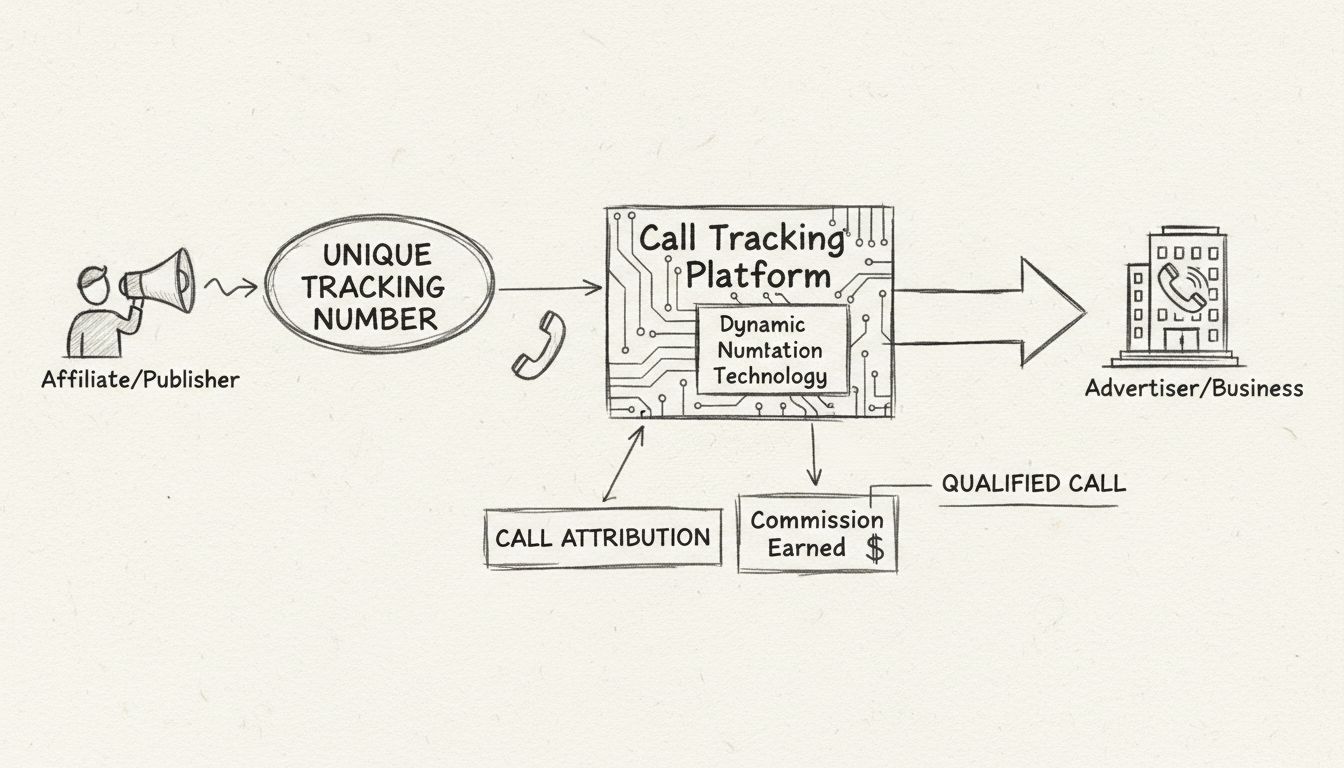 Pay per call affiliate marketing workflow diagram showing affiliate promotion, call tracking platform, and advertiser receiving qualified calls