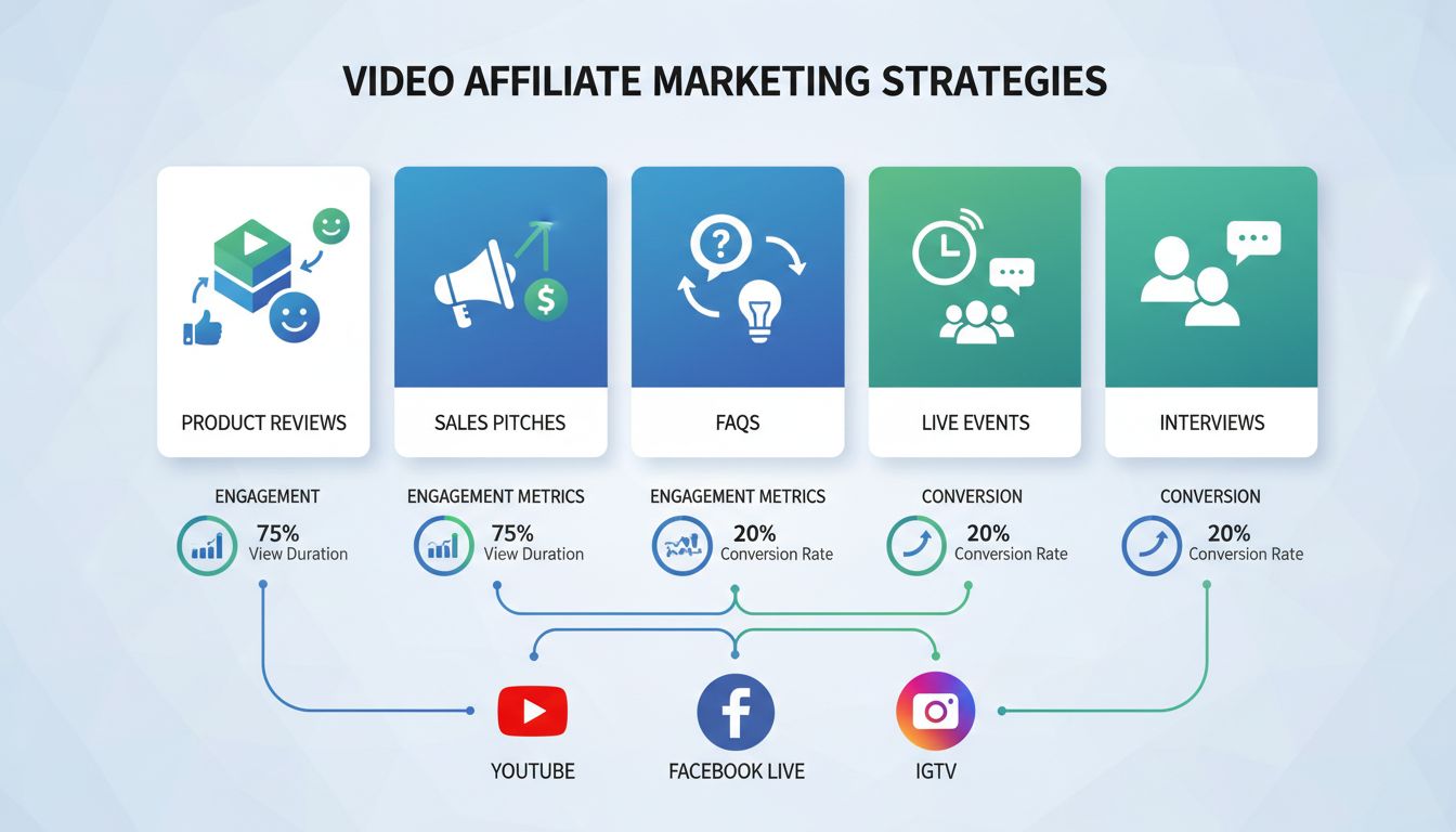 Infographic videostrategieën voor affiliate marketing met productreviews, verkooppitches, FAQ's, live-evenementen en interviews met platformlogo's