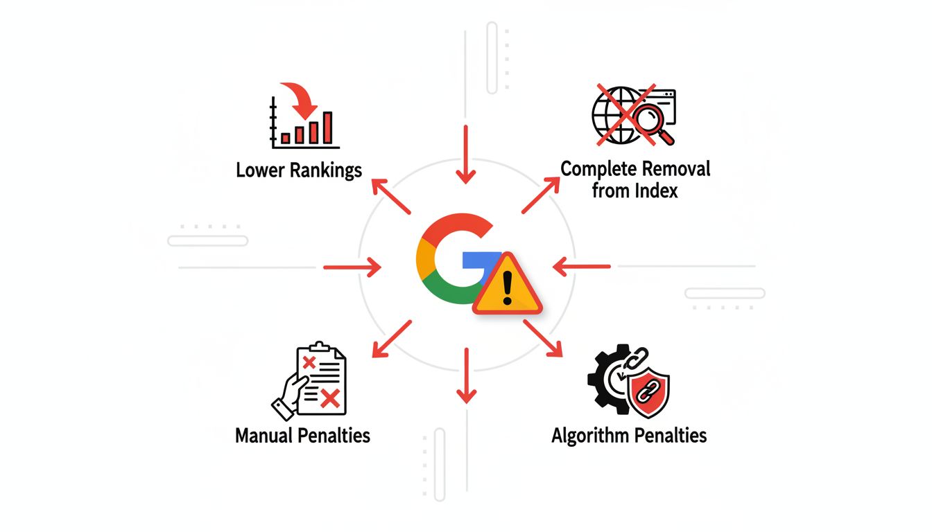 Infographic met SEO-boetes en risico’s zoals rankingdalingen, verwijdering uit index, handmatige boetes en algoritmische boetes