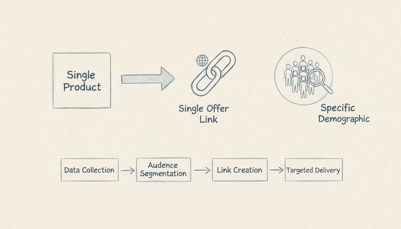 Met de hand getekend diagram dat de single offer workflow toont: Single Product naar specifieke doelgroep via unieke aanbiedingslink, met een flow die Gegevensverzameling, Doelgroepsegmentatie, Linkcreatie en Gerichte Levering laat zien