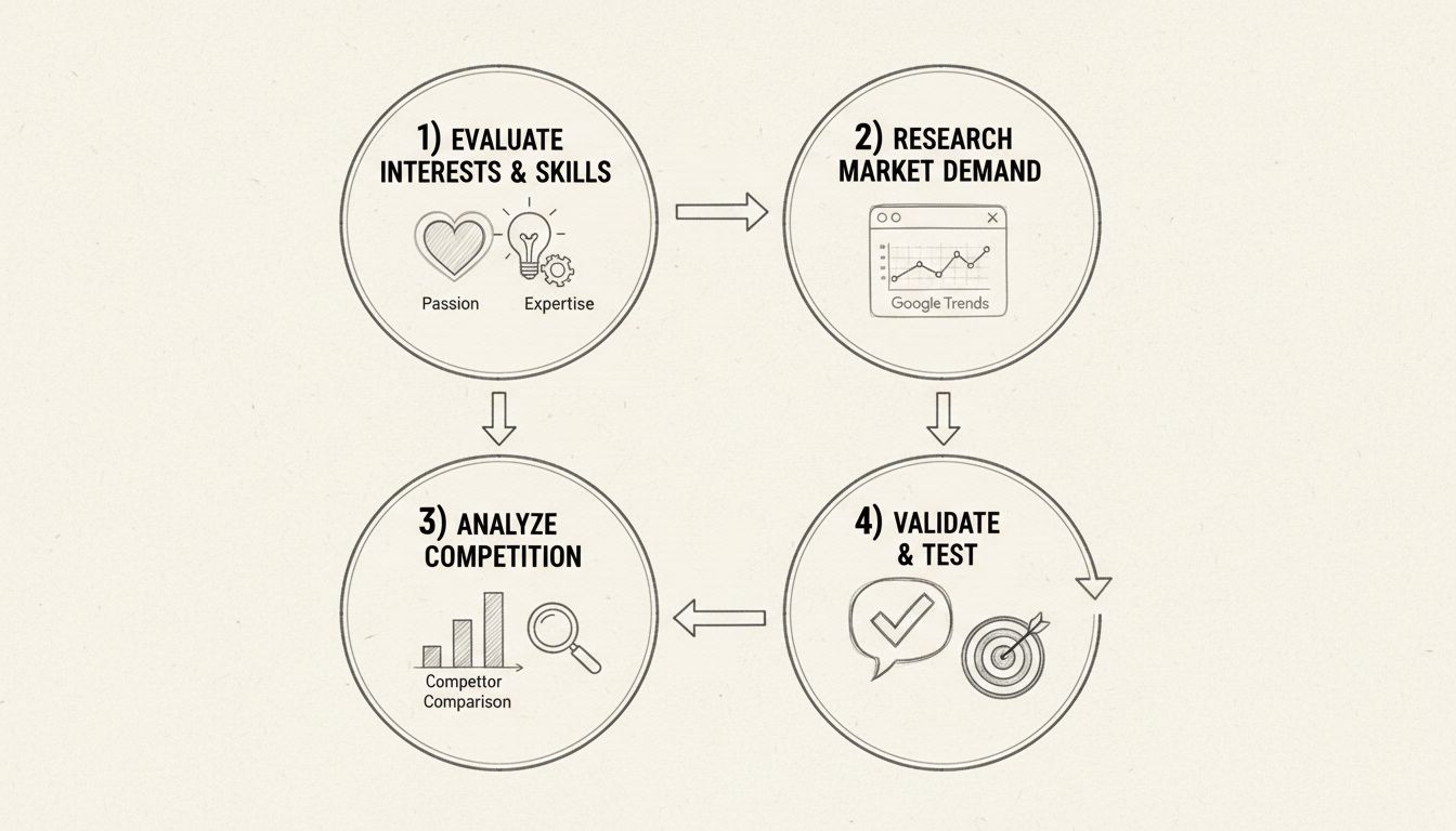 Handgetekend diagram dat het niche selectie framework toont met 4 stappen: Evalueren van Interesses & Vaardigheden, Onderzoek naar Marktvraag, Analyseren van Concurrentie, en Valideren & Testen