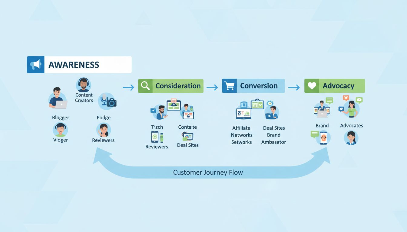 Funnel fases van affiliate marketing met bewustwording, overweging, conversie en ambassadeurschap en verschillende affiliate-types per fase