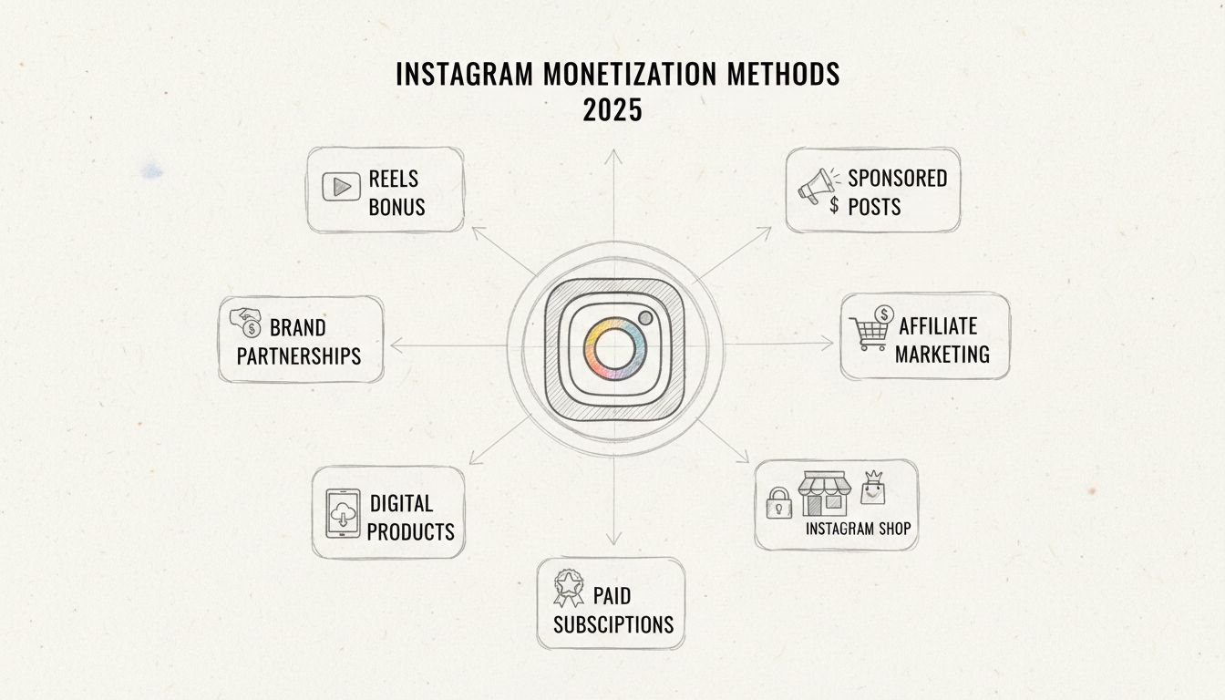Diagram van Instagram-monetisatietechnieken met 8 verschillende inkomstenstromen verbonden aan het centrale Instagram-logo