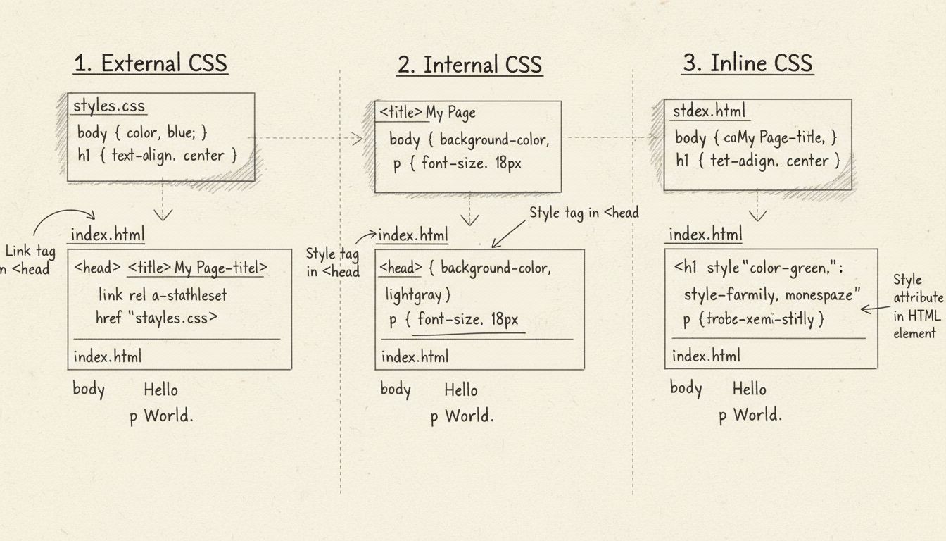 Drie methoden om CSS toe te voegen aan HTML: Externe CSS met link-tag, Interne CSS met style-tag en Inline CSS met style-attribuut