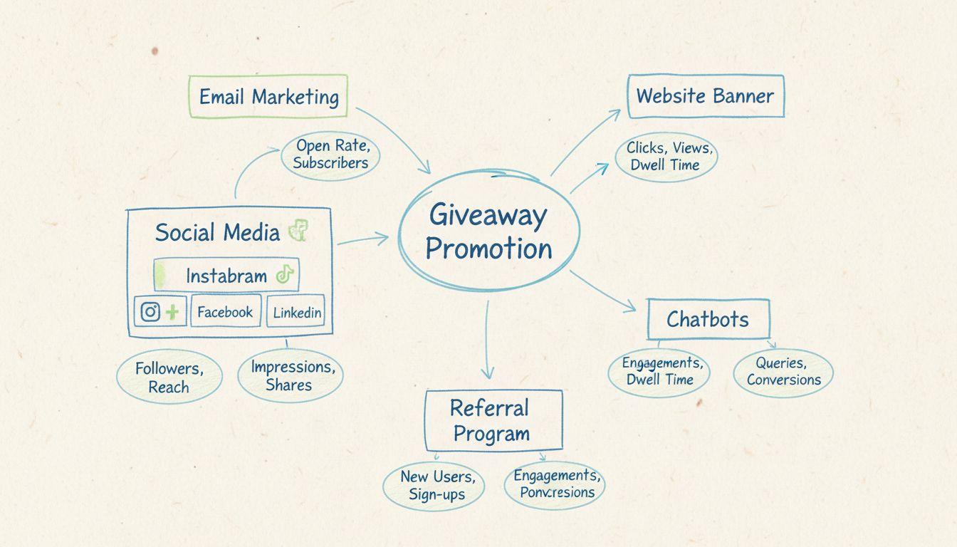 Stroomschema promotiestrategie giveaway met multichannel aanpak: e-mail, sociale media, website, chatbots en referral programma’s