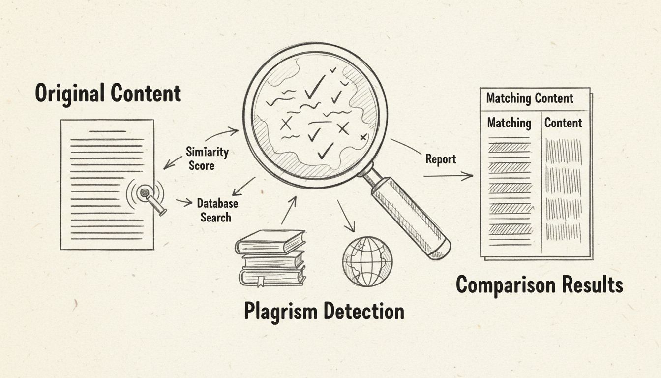 Handgetekend schema met het workflowproces van plagiaatdetectie: documenten scannen, vergelijkingsanalyse en resultaatmarkering