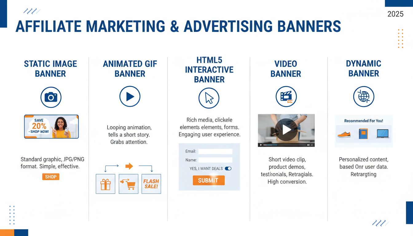 Verschillende soorten banners voor affiliate marketing, waaronder statisch, geanimeerde GIF, HTML5, video en dynamische banners