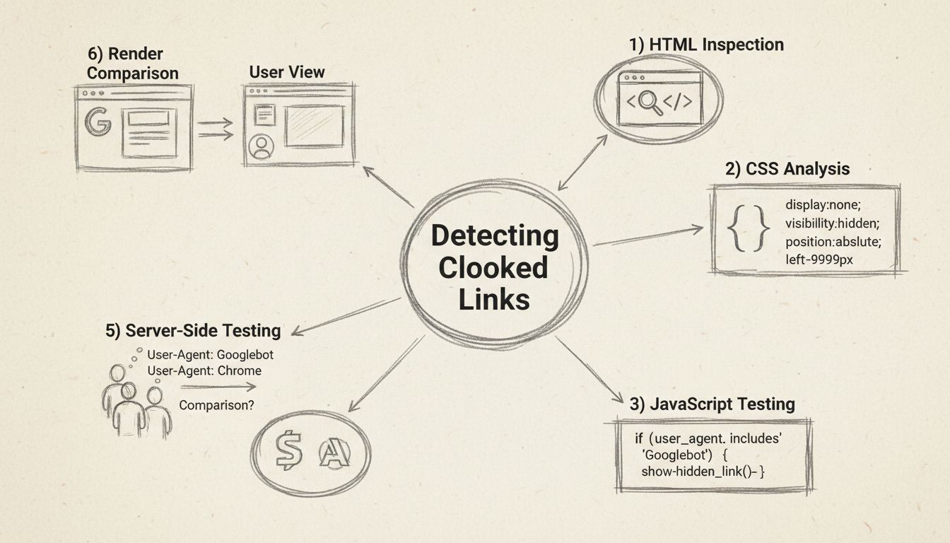 Diagram dat zes methoden toont om gecamoufleerde links te detecteren: HTML-inspectie, CSS-analyse, JavaScript-testen, SEO-tools, server-side testen en rendervergelijking