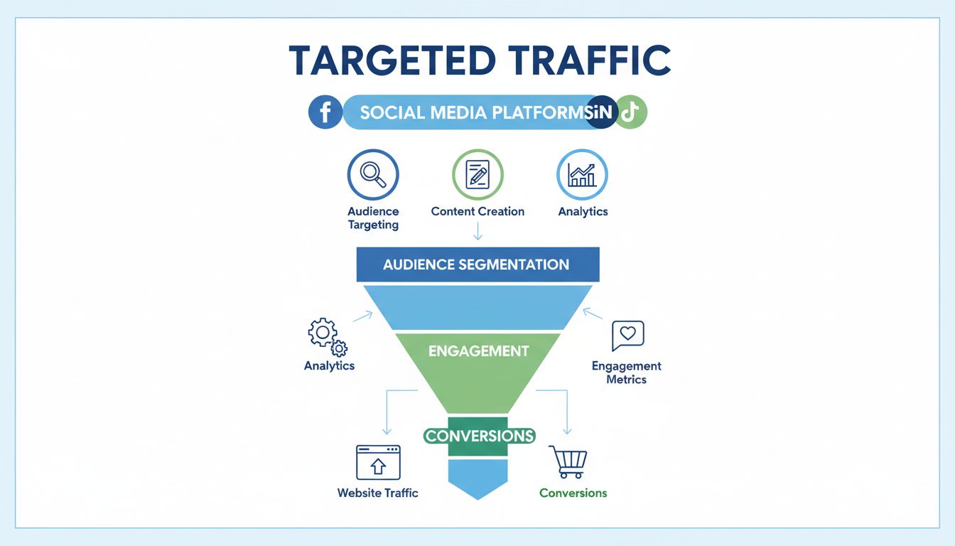 Social media marketing strategie funnel met gericht verkeer van platformen naar doelgroepsegmenten naar conversies