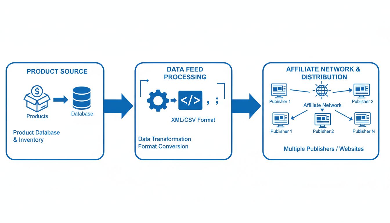 Affiliate datafeed workflowdiagram met productdatabase, feedverwerking en distributie naar publishers