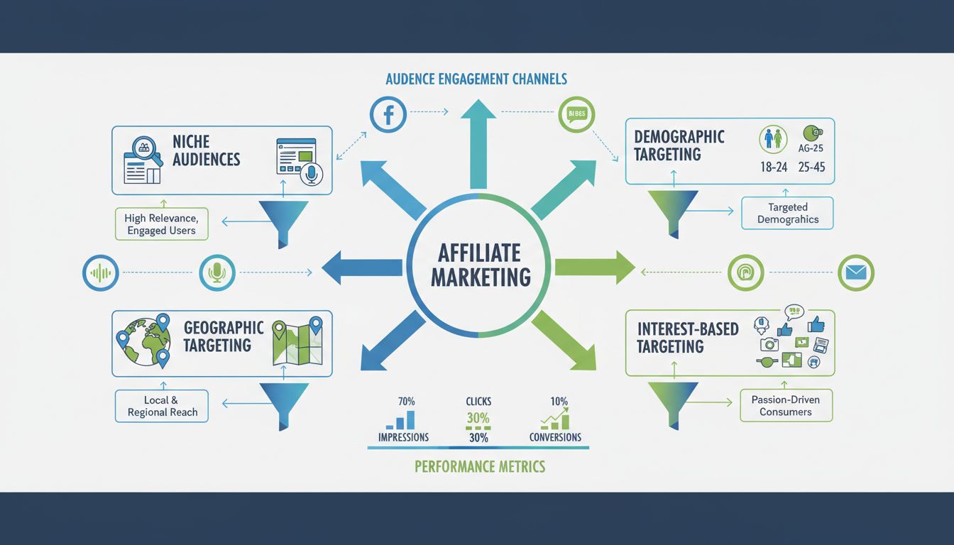 Affiliate marketing doelgroep targeting infographic met niche doelgroepen, demografische targeting, geografische targeting en interessegerichte targetingmethoden
