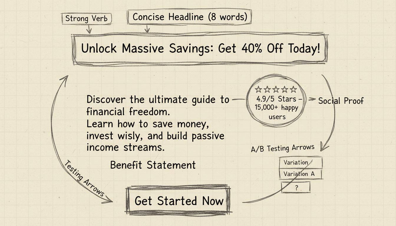 Handgetekend diagram dat de anatomie van affiliate copy die goed converteert laat zien, met aantekeningen voor beknopte koppen, sterke werkwoorden, cijfers, voordeelstellingen, sociaal bewijs en duidelijke CTA's