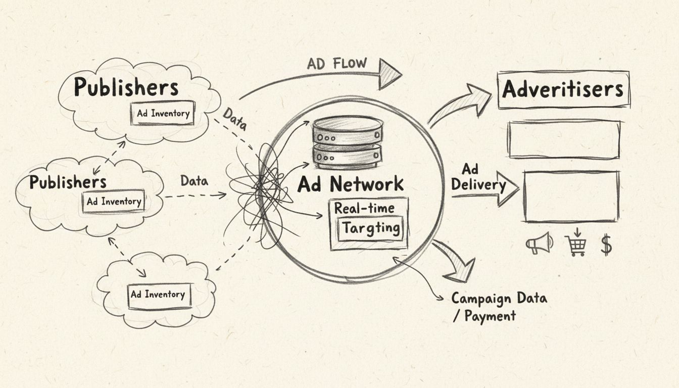 Handgetekend diagram dat laat zien hoe advertentienetwerken uitgevers, adverteerders en targeting verbinden via real-time biedingen