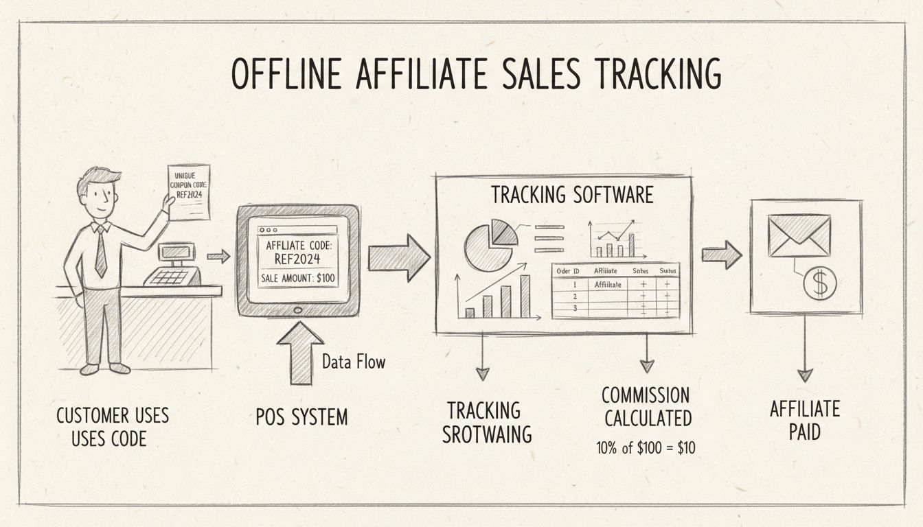 Diagram van offline affiliate verkoopvolgsysteem met klant die kortingscode gebruikt bij POS, dataflow naar trackingsoftware, commissiecalculatie en affiliatebetaling