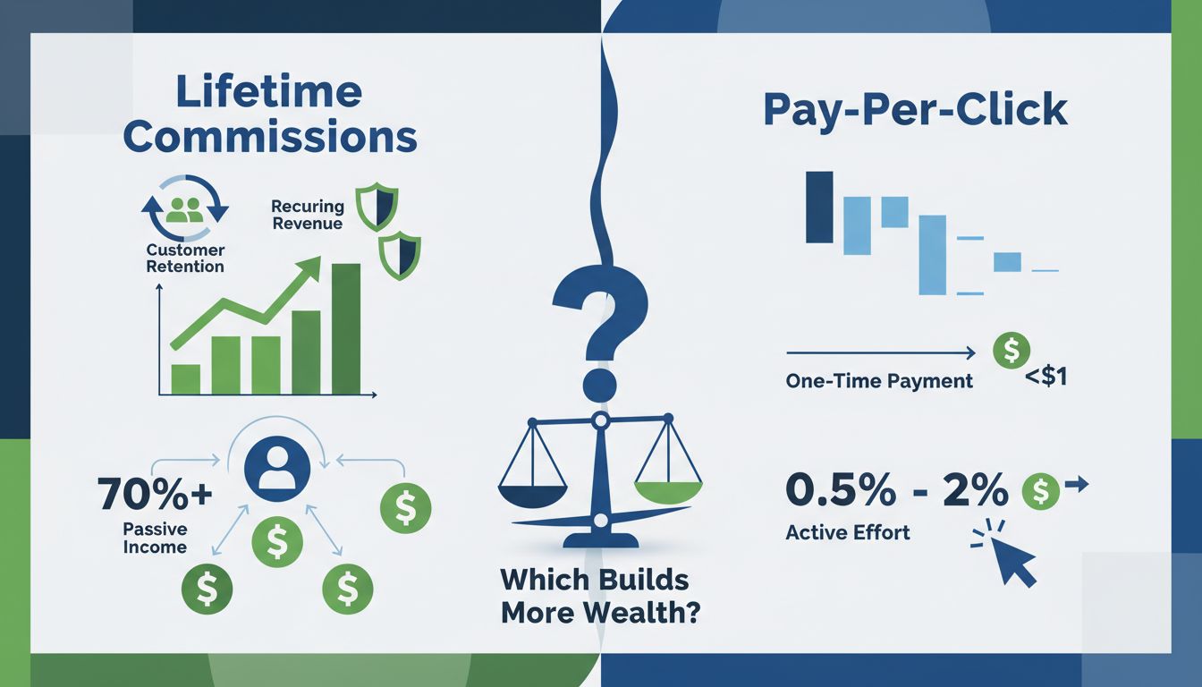 Vergelijkende infographic van levenslange commissies versus pay-per-click affiliatemodellen met terugkerende inkomsten en eenmalige betalingen