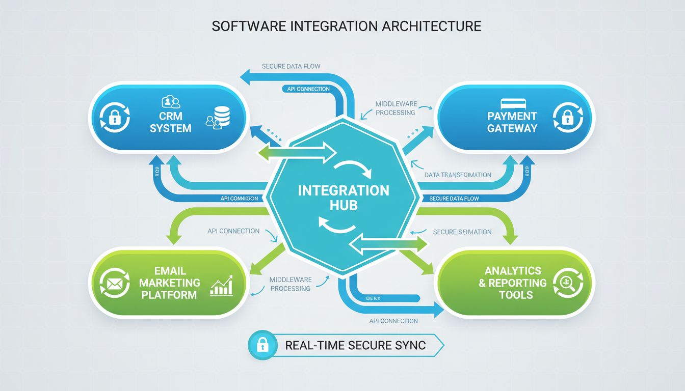 Software-integratie-architectuurdiagram met CRM, e-mailmarketing, betalingsgateway en analysetools verbonden via een centraal integratieplatform met API's en realtime synchronisatie