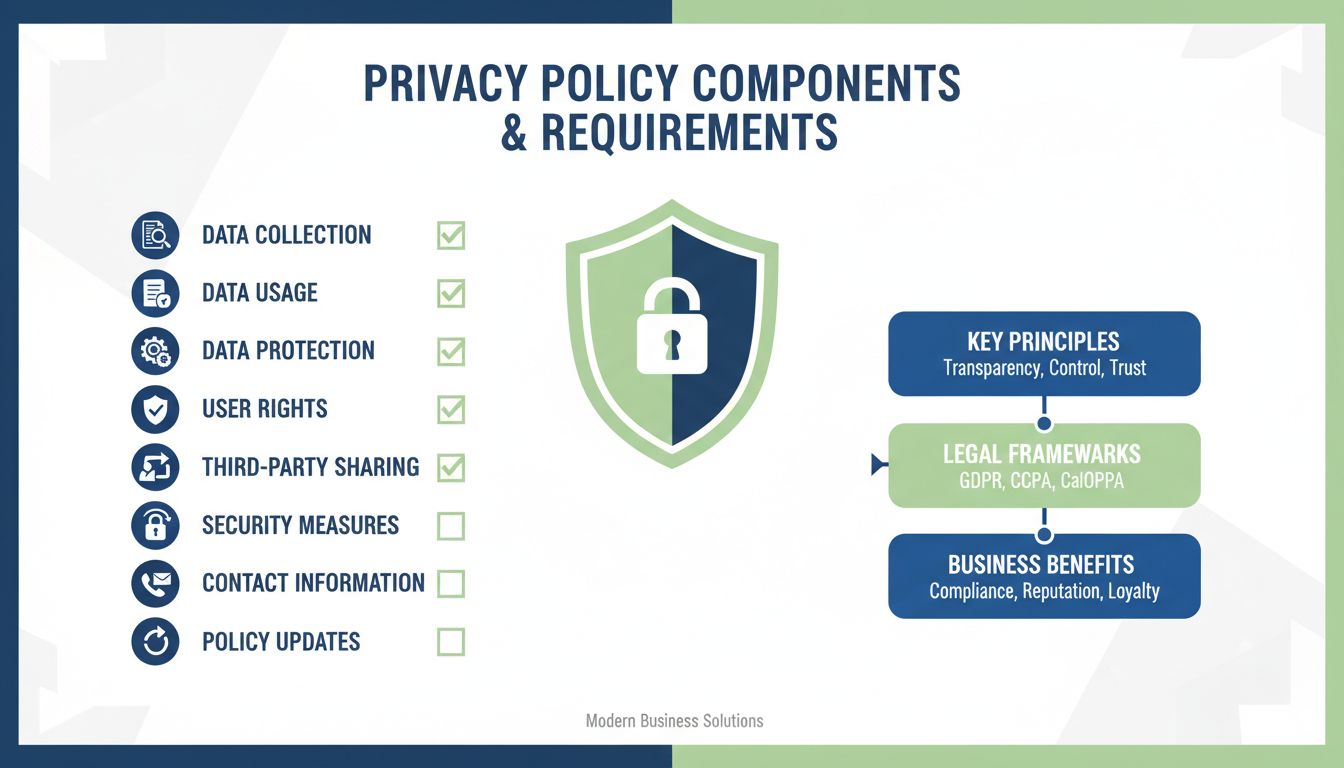 Privacy Policy Components Infographic showing data collection, usage, protection, user rights, third-party sharing, security measures, contact information, and policy updates