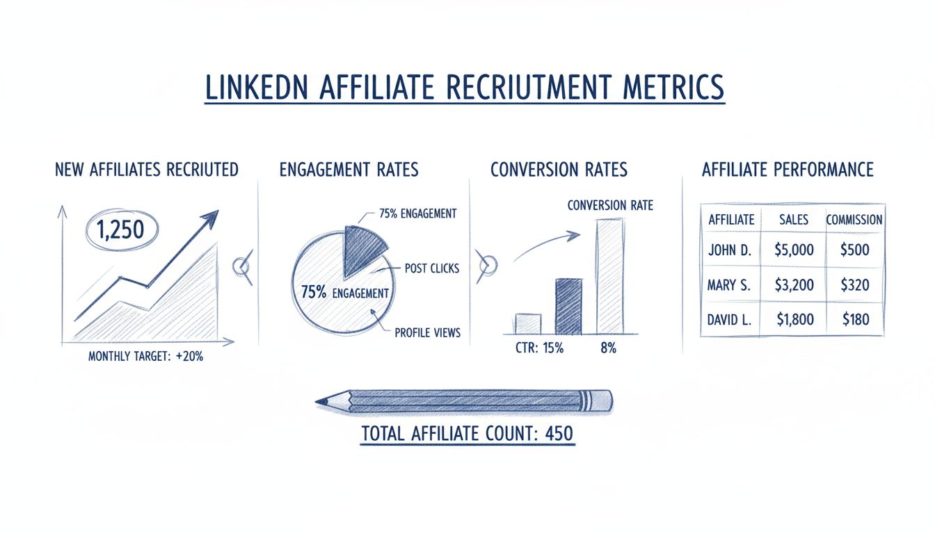 LinkedIn dashboard met affiliate wervingsstatistieken, waaronder nieuwe geworven affiliates, engagementpercentages, conversiepercentages en affiliate prestatie-indicatoren