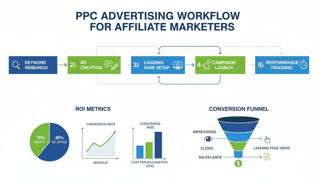 PPC-advertentie workflow voor affiliate marketeers met zoekwoordenonderzoek, advertentiecreatie, landingspagina opzetten, campagne lanceren en prestatie-analyse