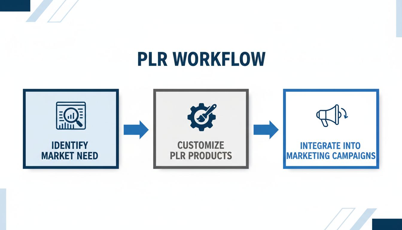 PLR workflow diagram showing market identification, product customization, and marketing integration