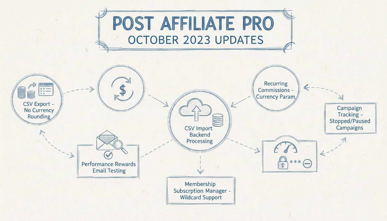 Post Affiliate Pro Oktober 2023 updates diagram met CSV-export, Performance Rewards, terugkerende commissies, profielfoto’s en campagnevolgfuncties