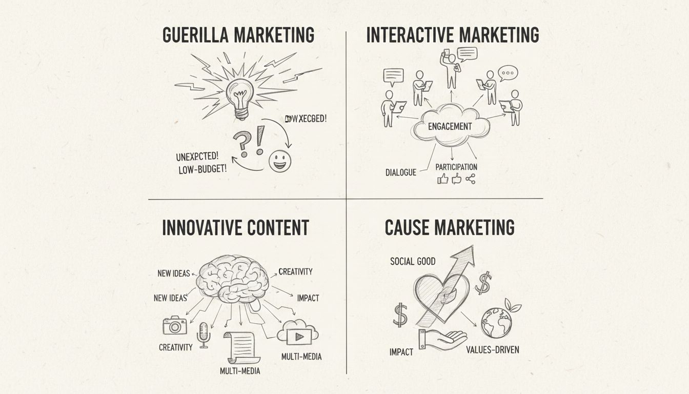 Diagram van de vier hoofdtypen creatieve marketingstrategieën: Guerrillamarketing, Interactieve marketing, Innovatieve content en Cause marketing