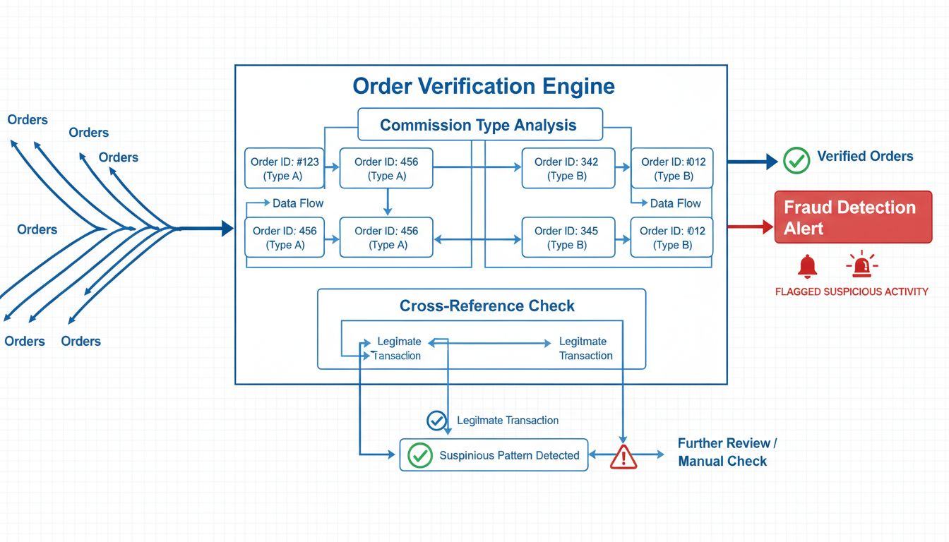 Fraudebescherming kruisverificatie systeemstroomschema met orderverificatie-engine, commissietype-analyse en fraudedetectie-waarschuwingen