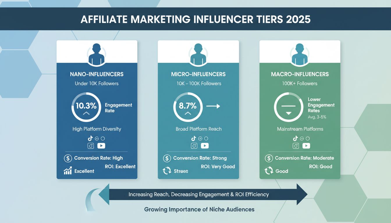 Infographic die betrokkenheidspercentages en ROI-metrics vergelijkt tussen nano-, micro- en macro-influencers voor affiliate marketing