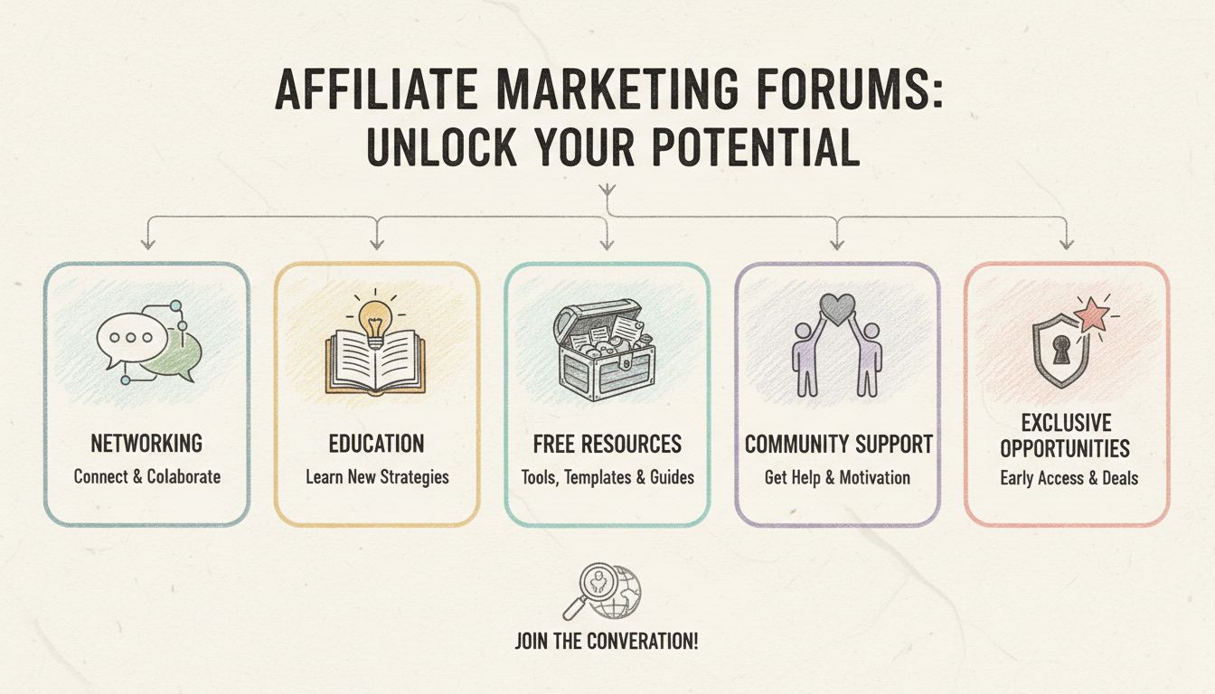 Infographic die voordelen van affiliate marketing-forums toont, waaronder netwerken, educatie, bronnen, community support en exclusieve kansen