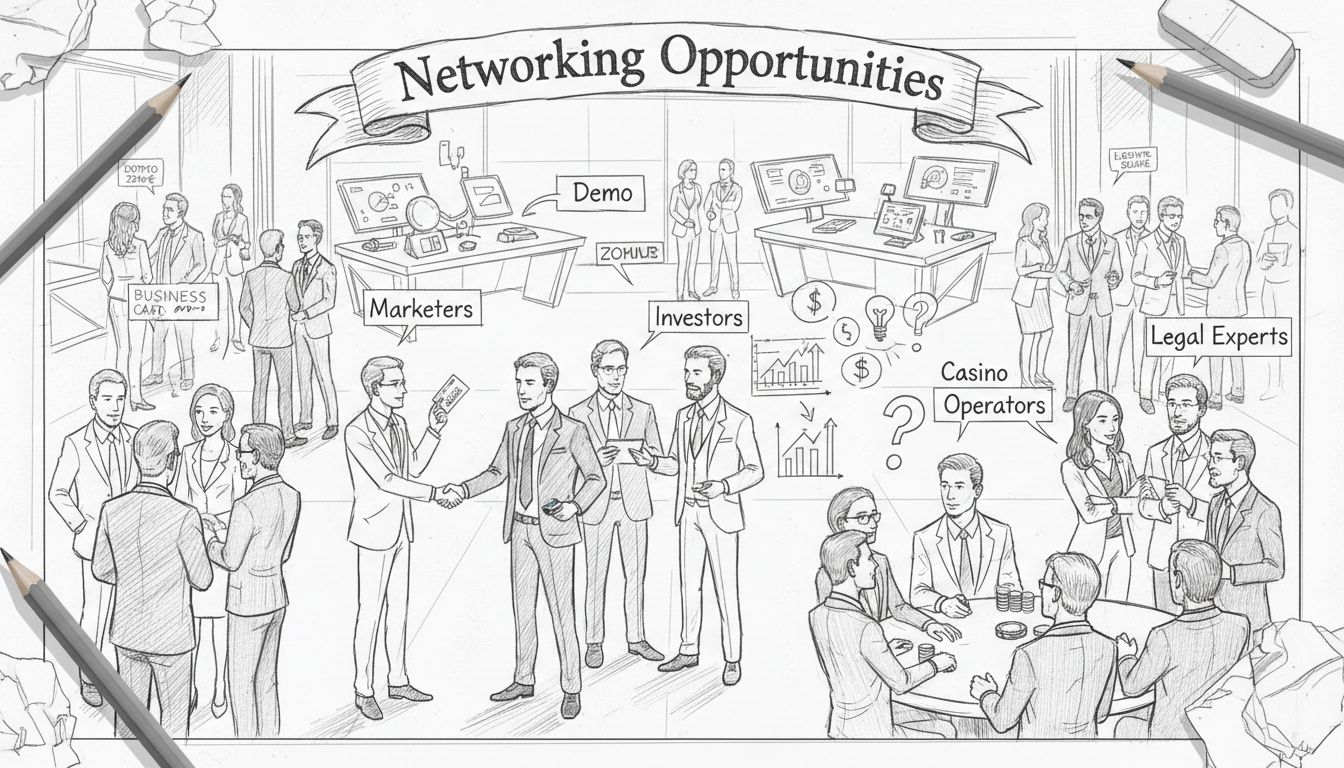 Professioneel netwerkevenement in demo zone met marketeers, casino-exploitanten, investeerders en juridische experts die visitekaartjes uitwisselen en kansen bespreken