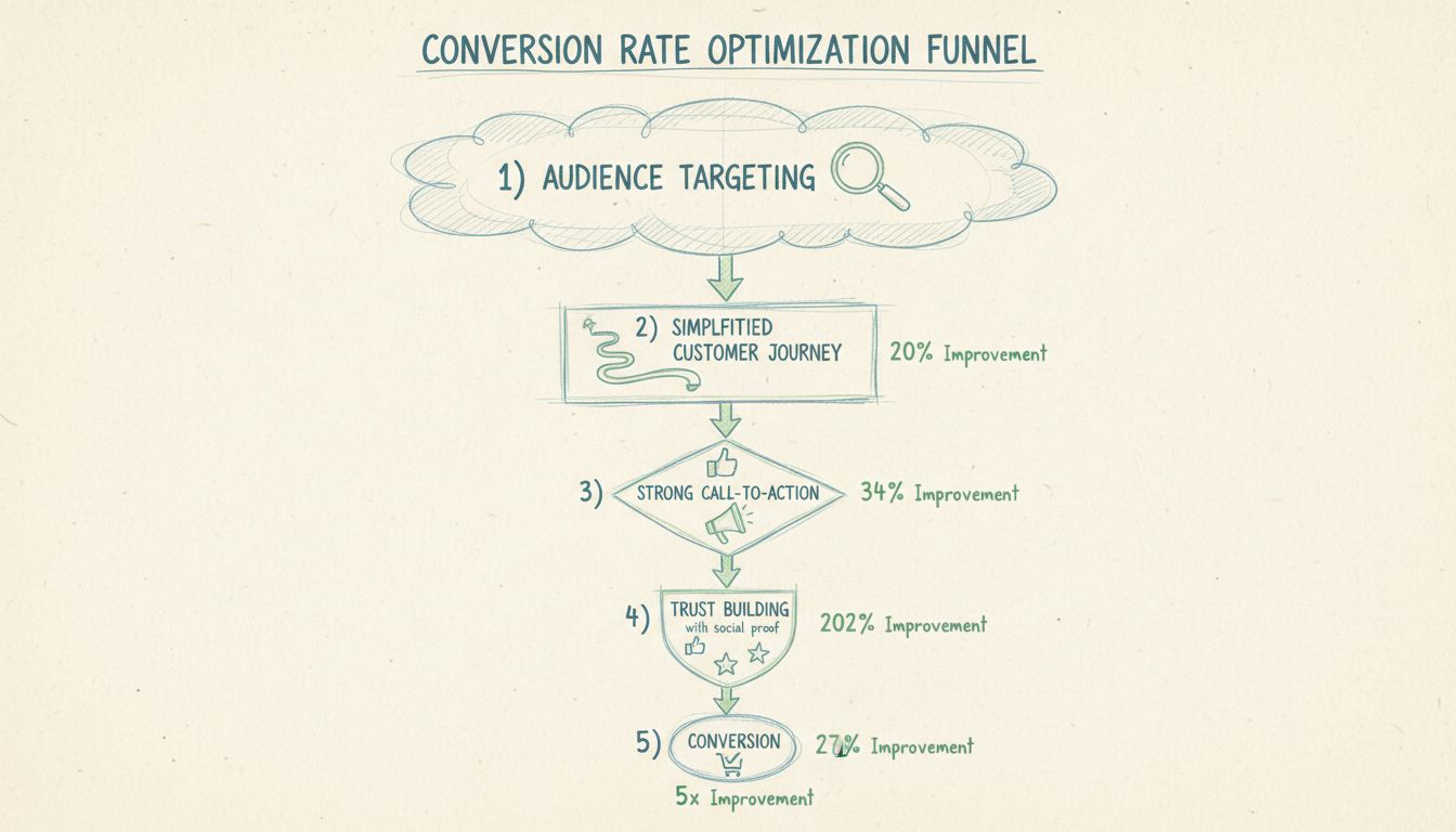 Diagram van een conversie-optimalisatie funnel met 5 fasen: doelgroep targeting, vereenvoudigde klantreis, sterke call-to-action, vertrouwen opbouwen en conversie met procentuele verbeteringen