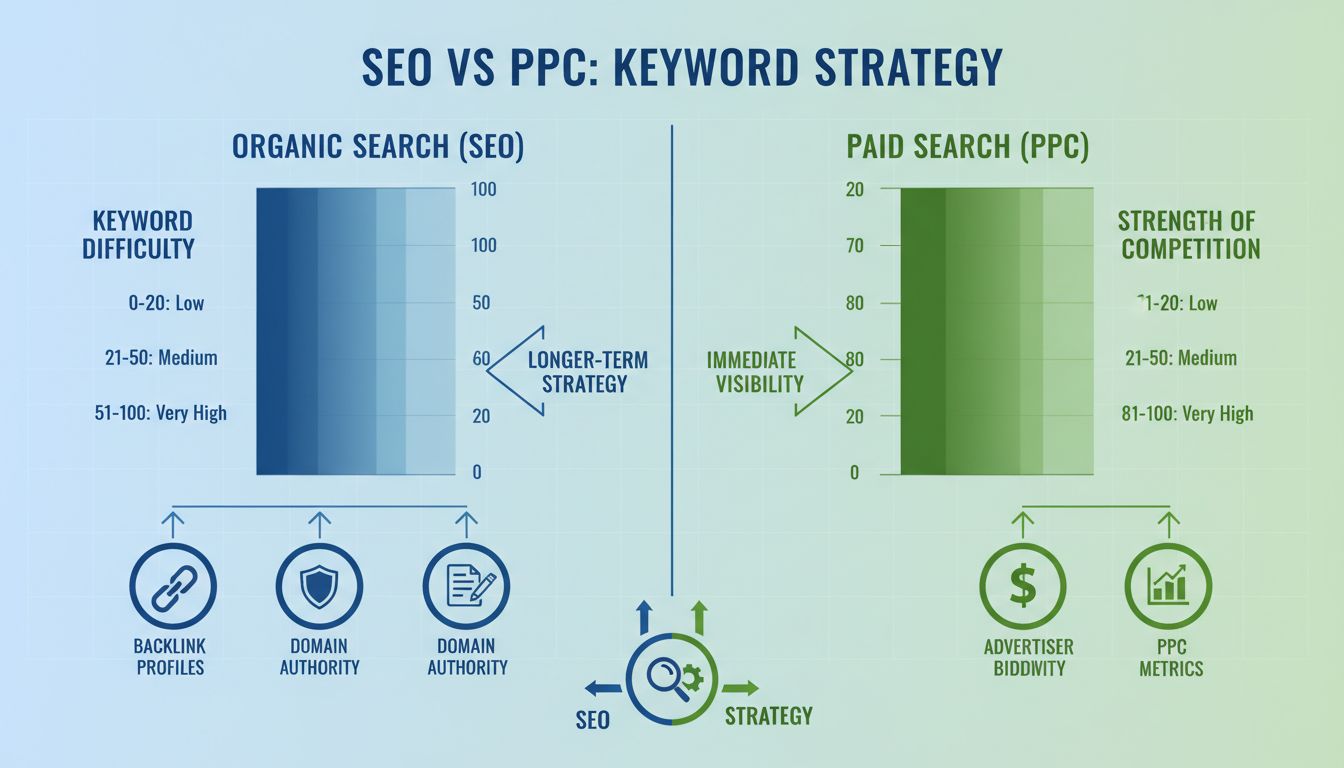 Infographic vergelijkt keyword moeilijkheidsgraad met sterkte van concurrentie, met organische SEO-statistieken links en betaalde PPC-statistieken rechts