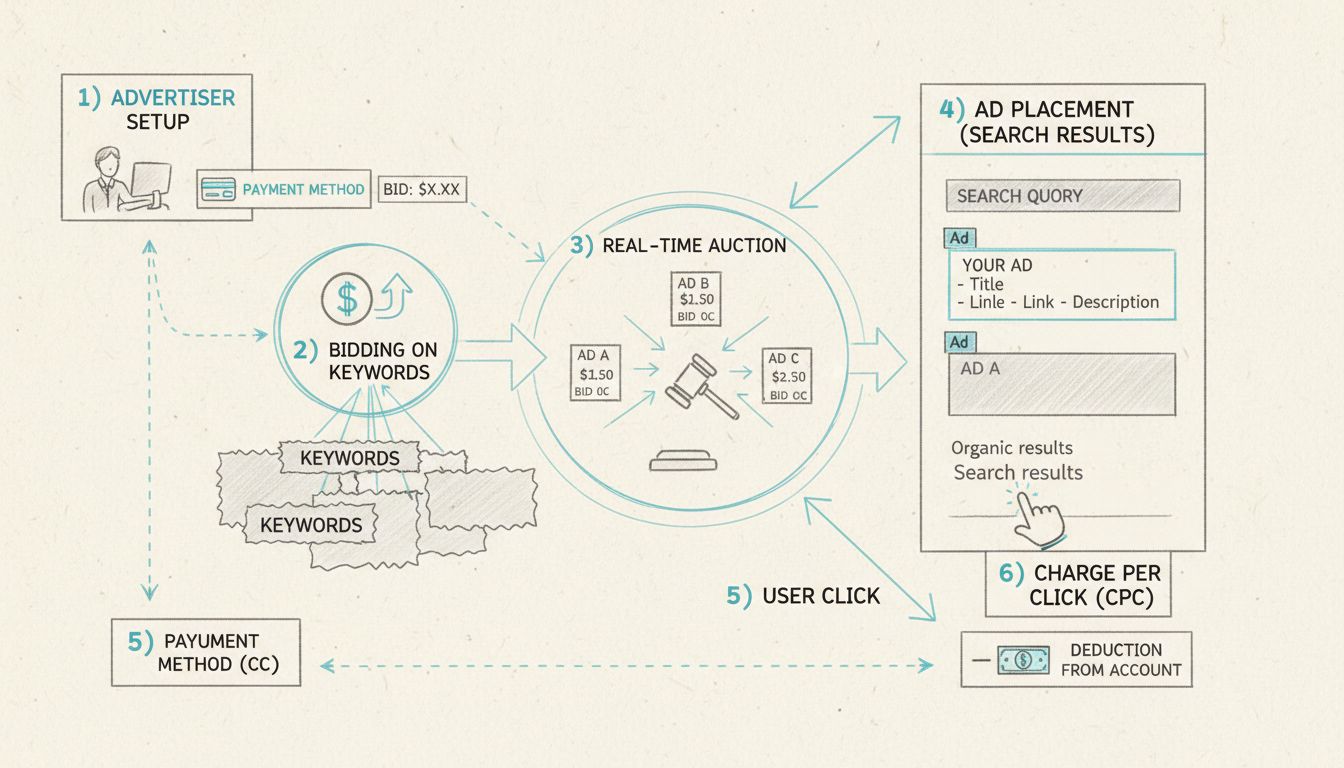 Diagram van het betaalmodel voor betaalde zoekadvertenties met accountinstelling, biedingen op zoekwoorden, veilingsproces, advertentieplaatsing en kosten-per-klik
