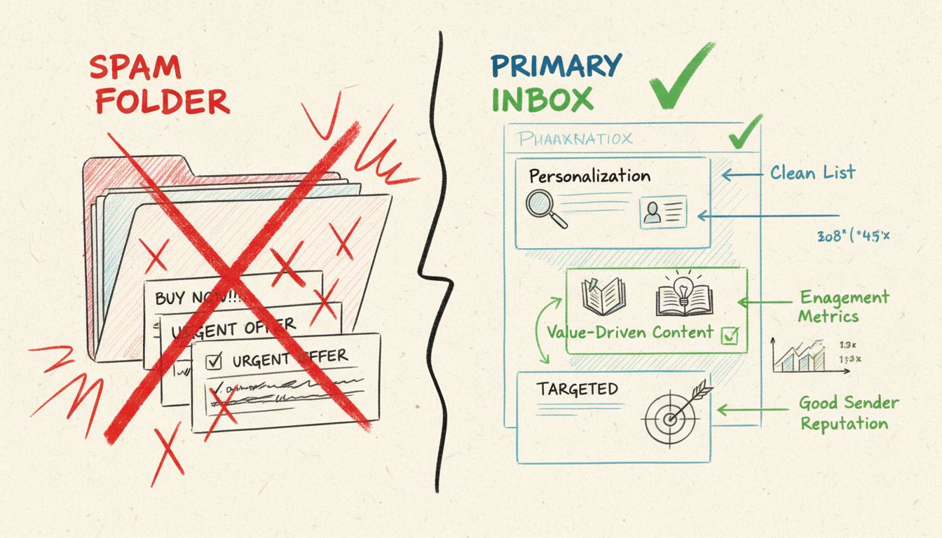 Diagram van best practices voor koude e-mail met personalisatie, op waarde gebaseerde inhoud, schone lijsten, goede verzendreputatie en gerichte outreach