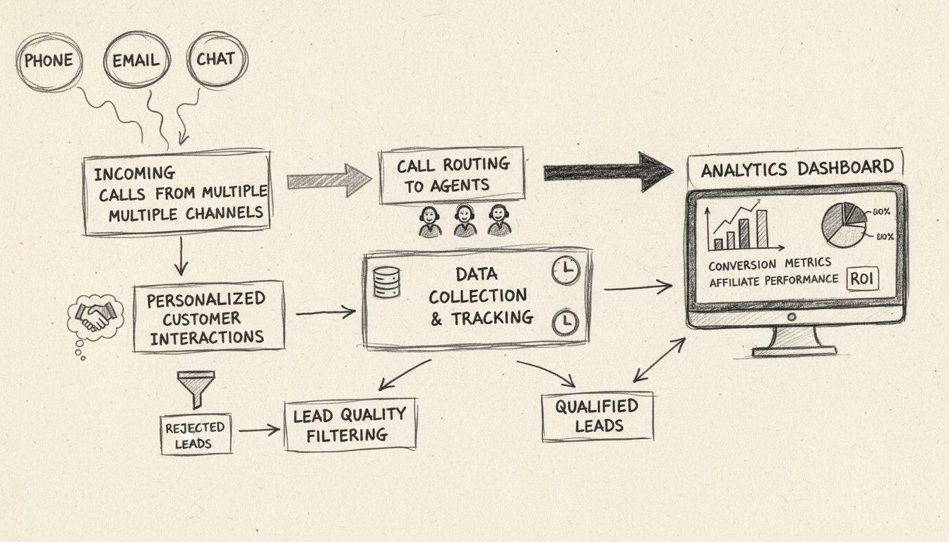 Callcenter software workflow diagram met inkomende oproepen, routering, gegevensverzameling, analyse en gepersonaliseerde interacties