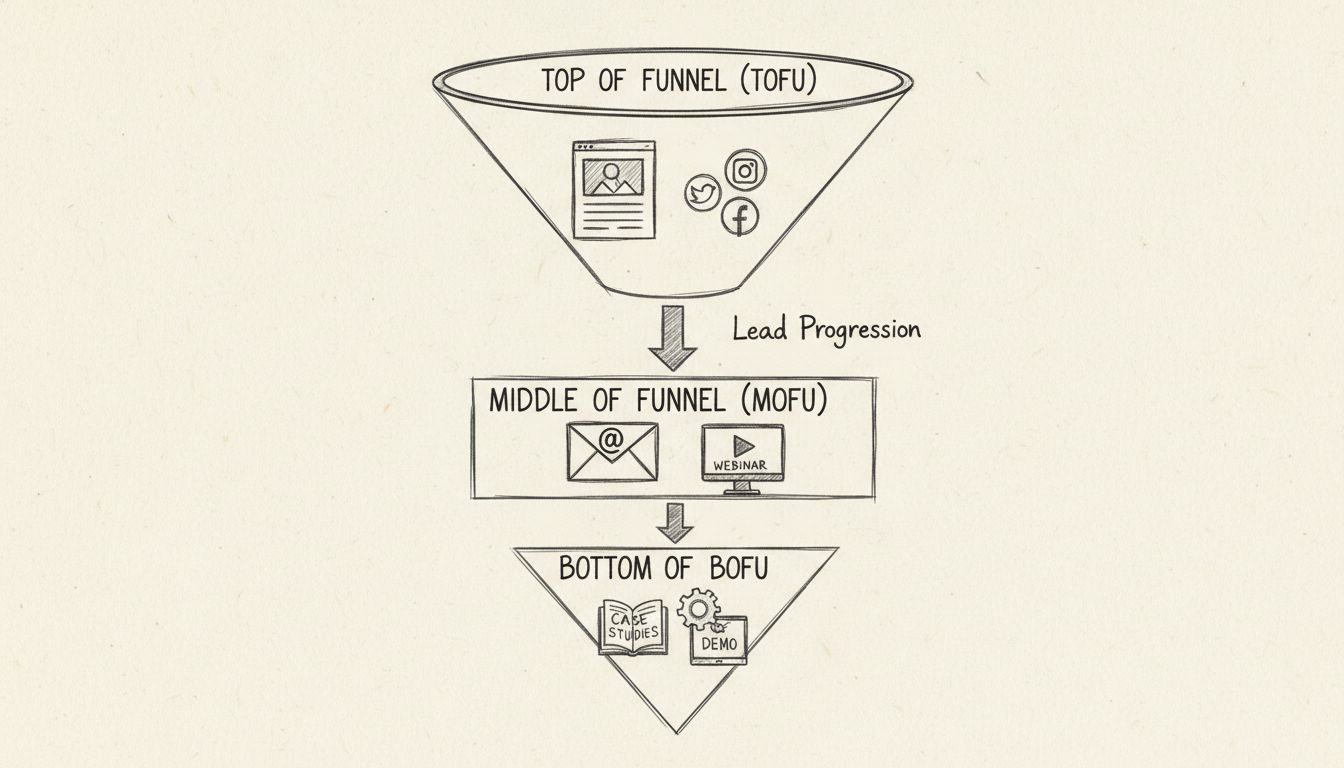 Diagram van een leadgeneratiefunnel met TOFU, MOFU en BOFU stadia, contenttypes en pijlen die de voortgang aangeven