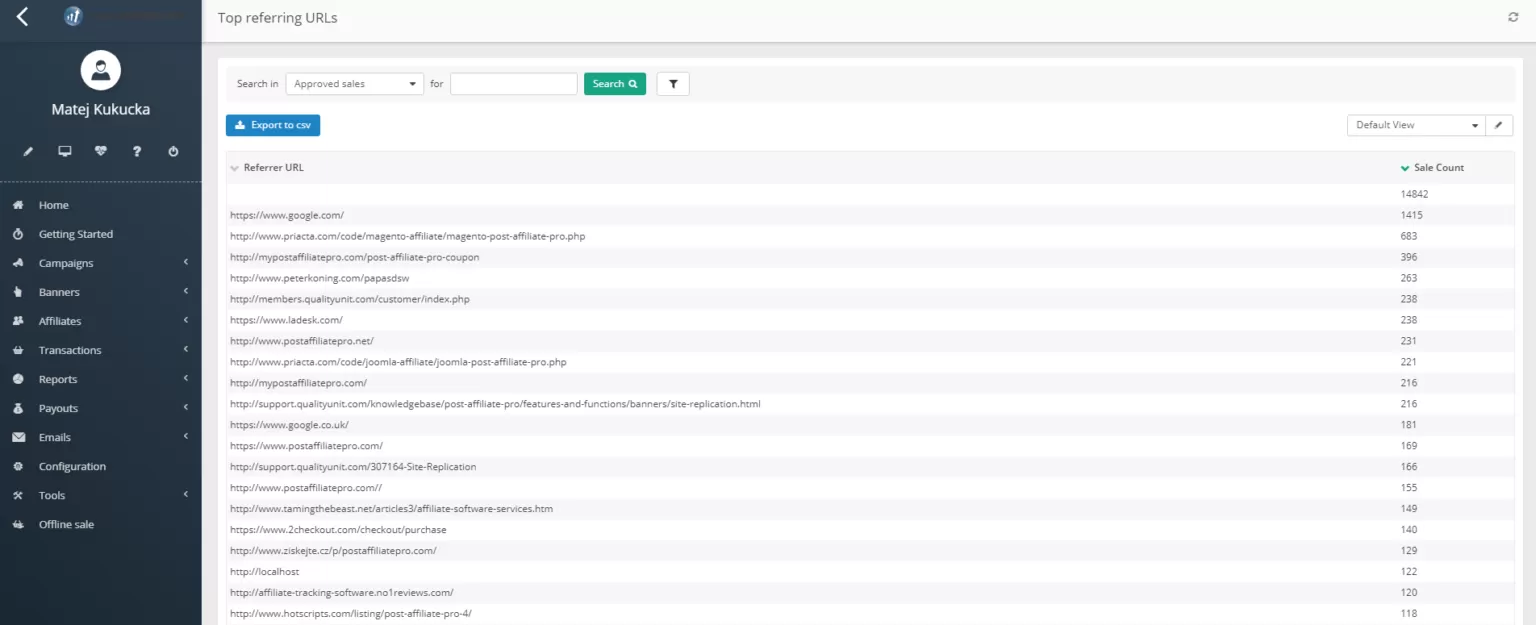Post Affiliate Pro rapporten - top verwijzende URLs