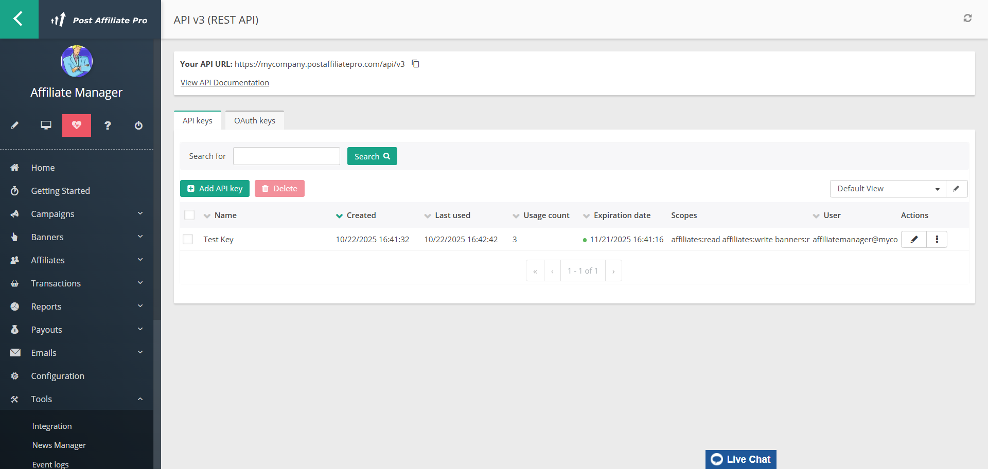 Post Affiliate Pro API v3 (REST API)-scherm voor het genereren van een API-sleutel