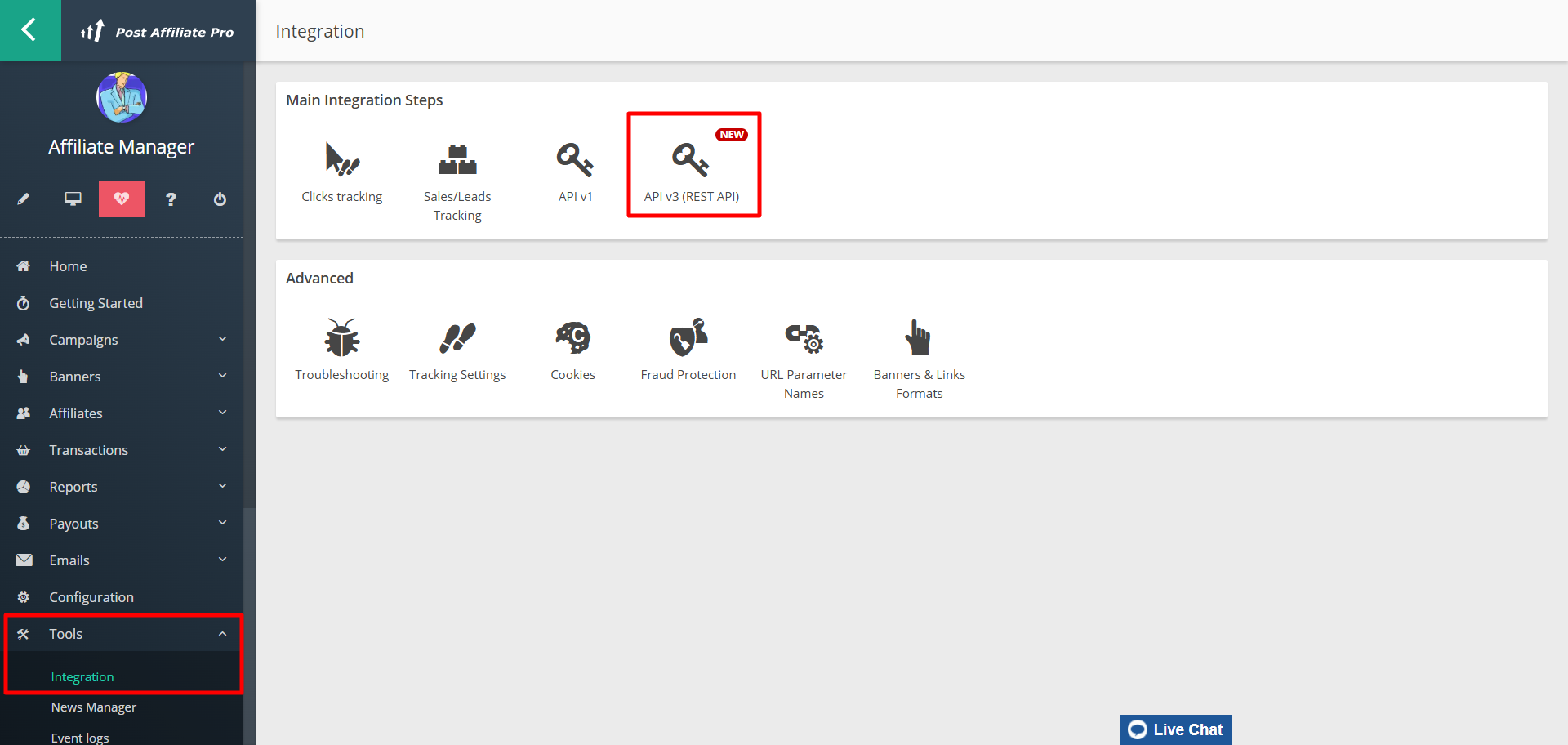 Post Affiliate Pro-merchantpaneel Configuratie > Tools > Integratie-menu