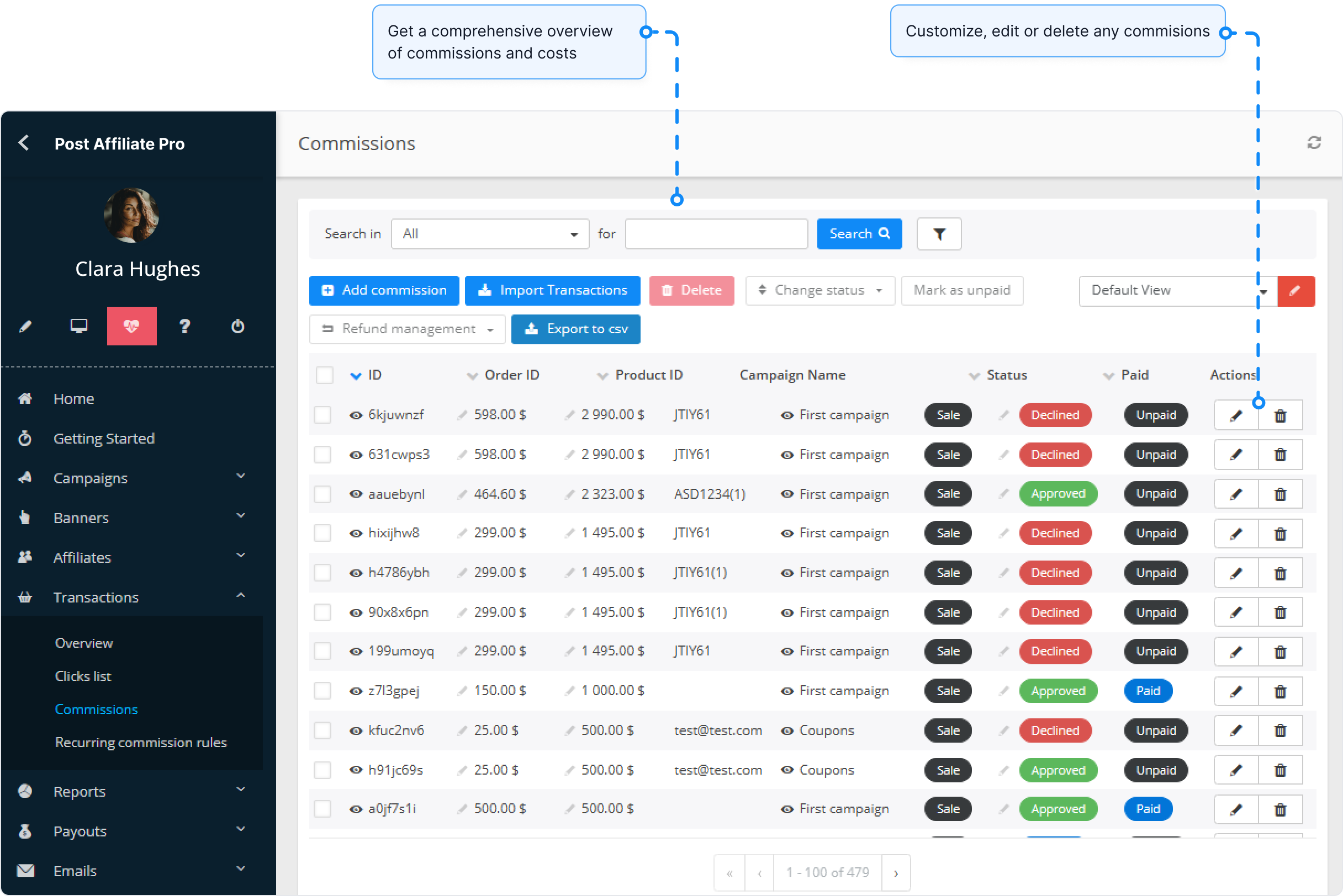 Overzicht van de Commissies-functie in Post Affiliate Pro.