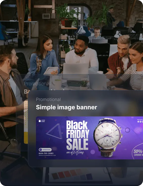 Een overlay van promotiematerialen met een aangepaste afbeeldingsbanner voor een Black Friday-uitverkoop.