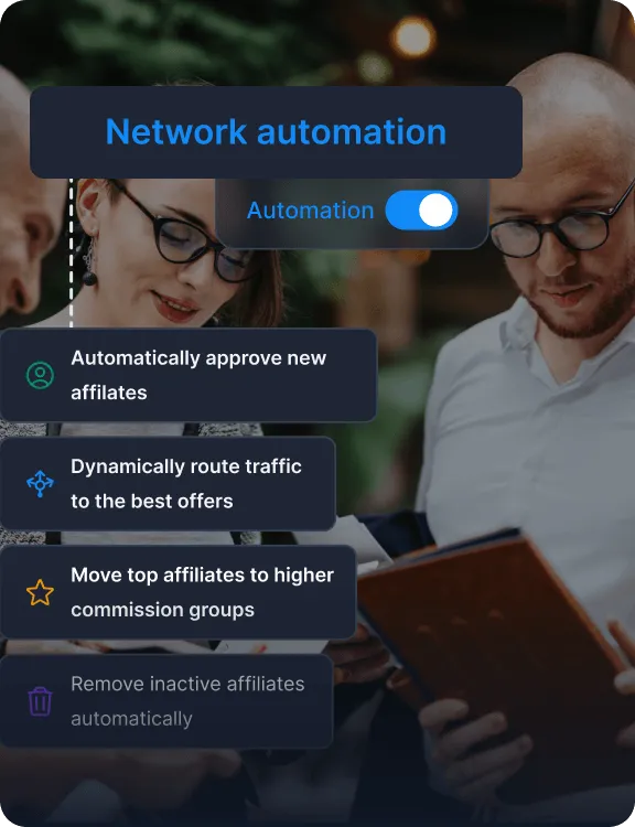 Een overlay van softwaretechnologieën en -platforms met automatiseringstoggles voor marketingtaken, bonussen en affiliaterapporten.