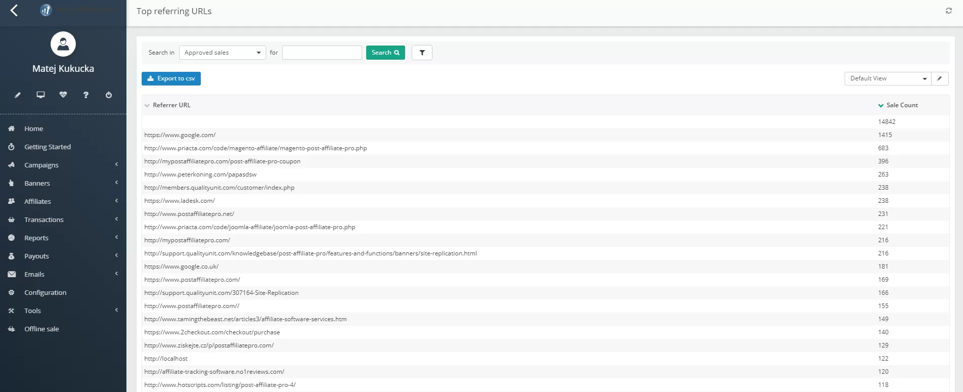 Screenshot van het Top URLs rapport in Post Affiliate Pro